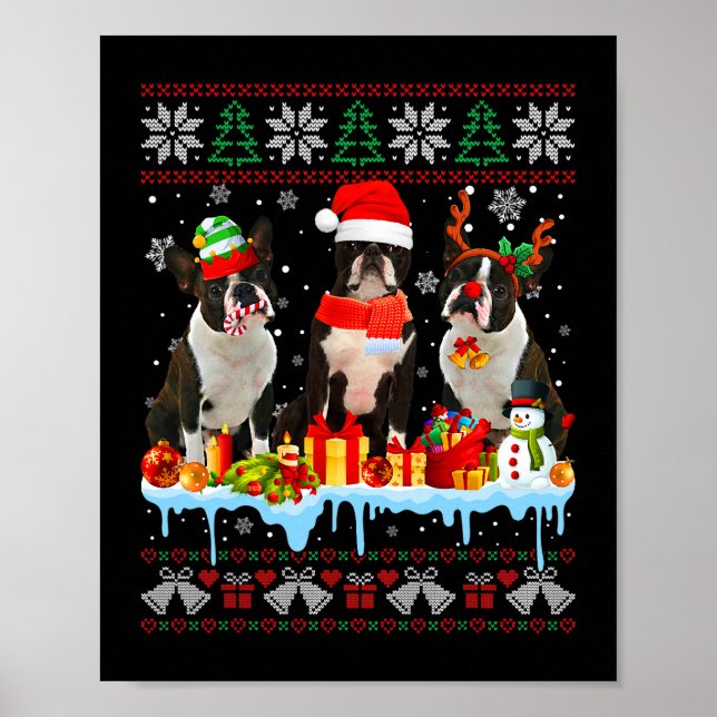Ugly Christmas Boston Terrier Dog Santa Xmas Dog C Poster (Front)