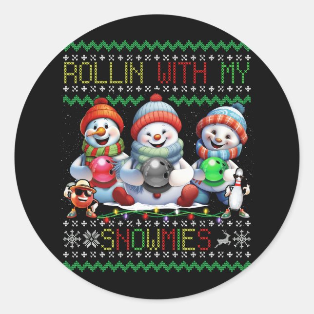 Ugly Christmas Bowling Lover Bowlers Rollin With M Classic Round Sticker (Front)