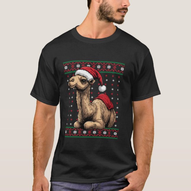 Ugly Christmas Camel Lover Santa Hat Funny Holiday T-Shirt (Front)