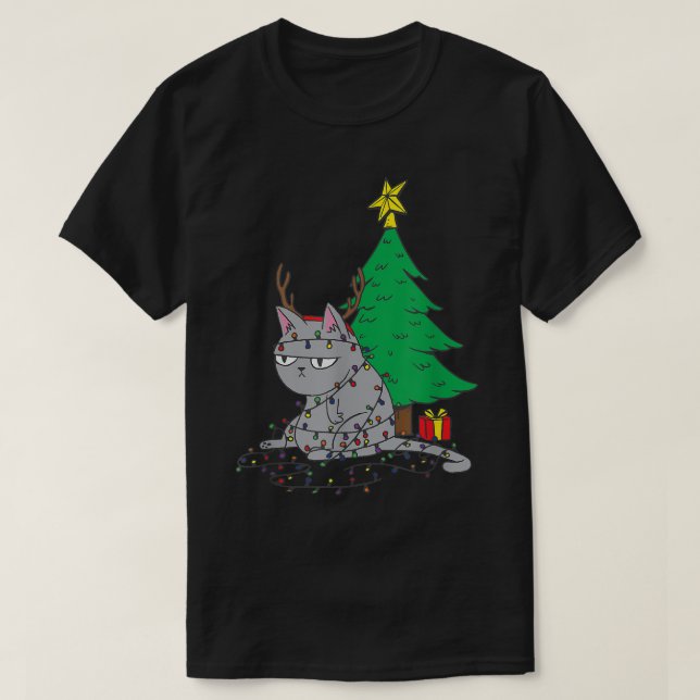 Ugly Christmas Cat Fairy Lights Christmas Tree  T-Shirt (Design Front)