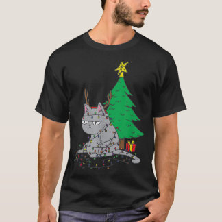 Ugly Christmas Cat Fairy Lights Christmas Tree  T-Shirt
