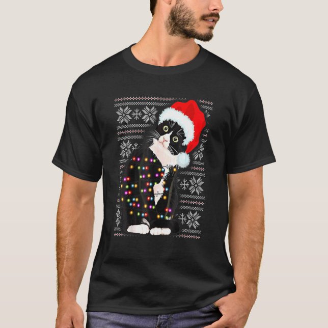 Ugly Christmas Cat Santa Hat Lights Holiday Cute X T-Shirt (Front)