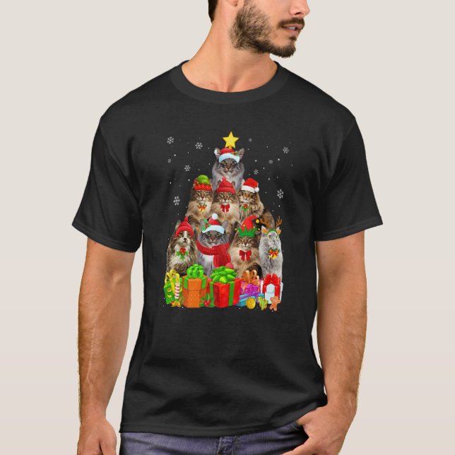 Ugly Christmas Cat Tree  Norwegian Forest Cat Xmas T-Shirt (Front)