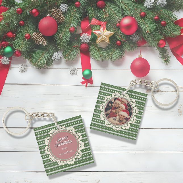 Ugly Christmas Chic green-based square Key Ring (Ugly Christmas Chic green-based square Keychains)