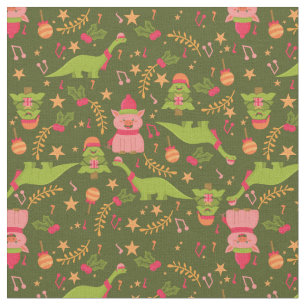 ugly christmas dinosaur trex santa pig fabric