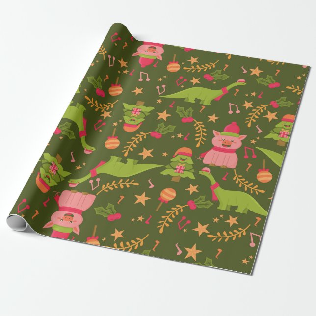  ugly christmas dinosaur trex santa pig wrapping paper (Unrolled)