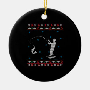 Ugly Christmas Fisherman Fishing Rod Ceramic Tree Decoration