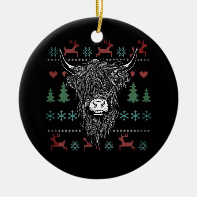 Ugly Christmas Highland Cow Ceramic Tree Decoration (Front)