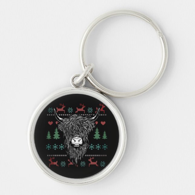 Ugly Christmas Highland Cow Key Ring (Front)