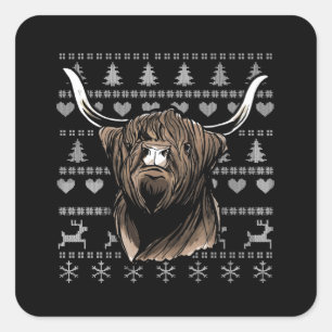 Ugly Christmas Highland Cow Square Sticker