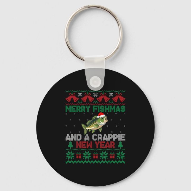 Ugly Christmas Merry Fishmas And A Crape New Year  Key Ring (Front)