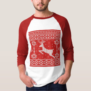 Ugly Christmas Reindeer Knitted Pattern In Red T-Shirt