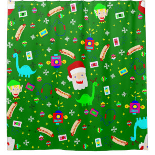 ugly christmas robot santa claus hotdog dinosaur shower curtain
