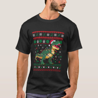 Ugly Christmas Santa Hat Dinosaur Snowflakes Light T-Shirt