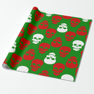 ugly christmas skulls red white green wrapping paper