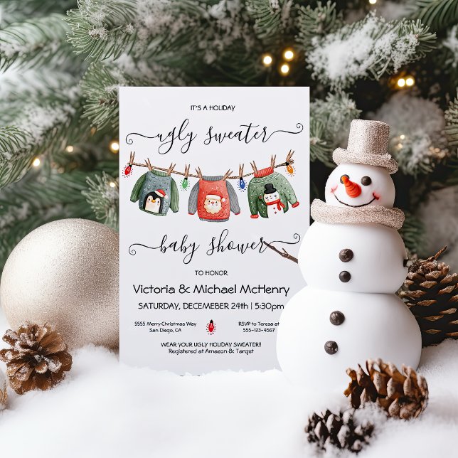 Ugly Christmas Sweater Baby Shower Clothesline Invitation (Creator Uploaded)