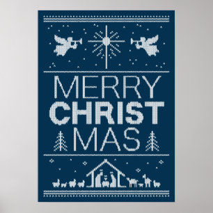 Ugly Christmas Sweater Blue Religious Christian Poster