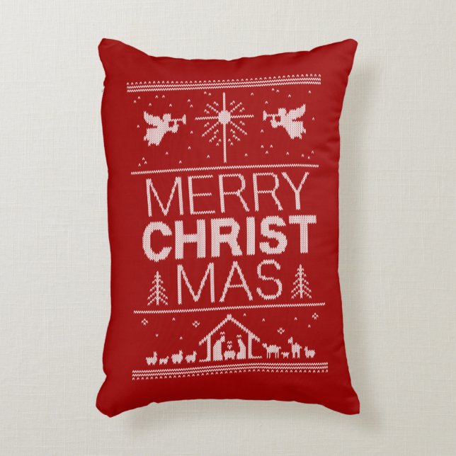 Ugly Christmas Sweater Christian Nativity Red Decorative Cushion (Front(Vertical))
