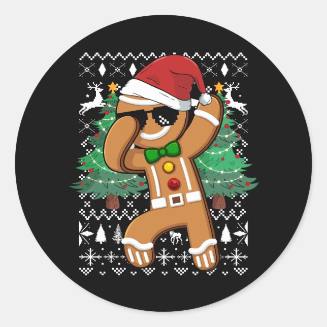 Ugly Christmas Sweater Dabbing Gingerbread Man San Classic Round Sticker (Front)