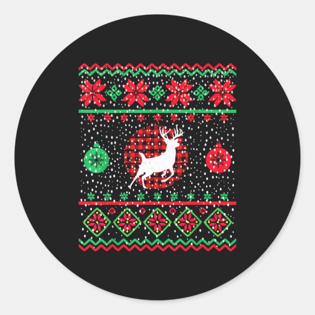 Ugly Christmas Sweater Design Plaid Reindeer  Classic Round Sticker (Front)