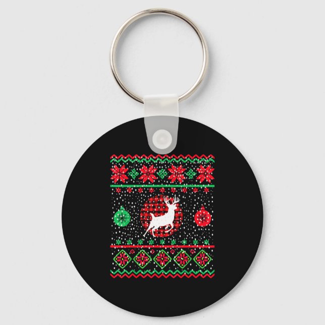 Ugly Christmas Sweater Design Plaid Reindeer  Key Ring (Front)
