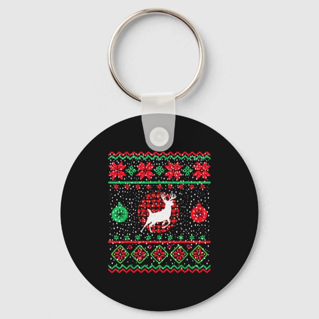 Ugly Christmas Sweater Design Plaid Reindeer  Key Ring (Front)