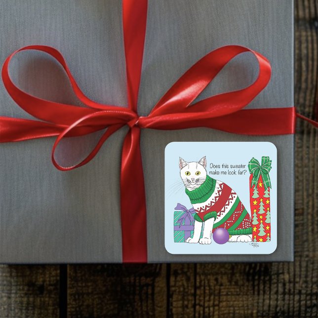 Ugly Christmas Sweater Funny Cat Square Sticker (Creator Uploaded)