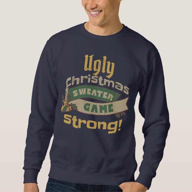Ugly Christmas Sweater Game Strong! Navy Blue (Front)