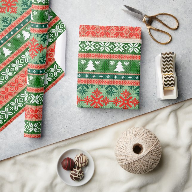 Ugly Christmas Sweater Green and Red Pattern Wrapping Paper (Crafts)