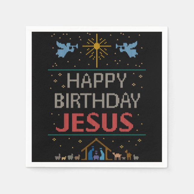 Ugly Christmas Sweater - Happy Birthday Jesus Red Napkin (Front)