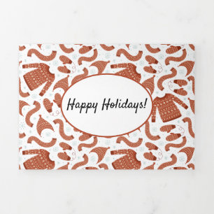 Ugly Christmas Sweater Hat Scarf Red White Tri-Fold Holiday Card