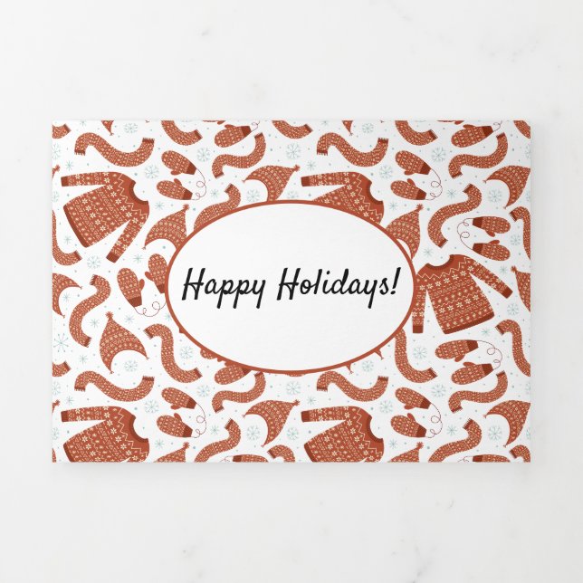 Ugly Christmas Sweater Hat Scarf Red White Tri-Fold Holiday Card (Cover)