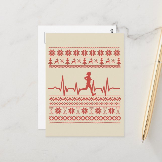 Ugly Christmas sweater heartbeat running run Postcard (Front/Back In Situ)