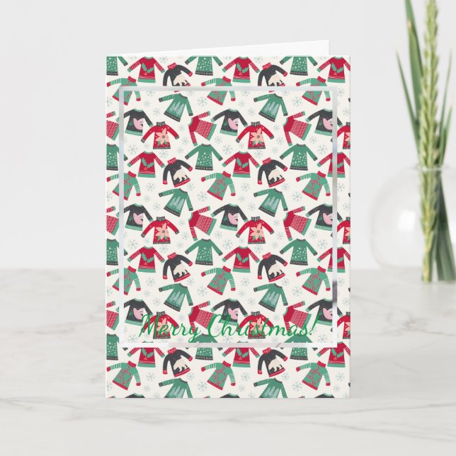 Ugly Christmas Sweater Holiday Pattern Green Photo Note Card (Front)