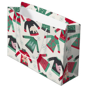Ugly Christmas Sweater Holiday Pattern Green Red Large Gift Bag