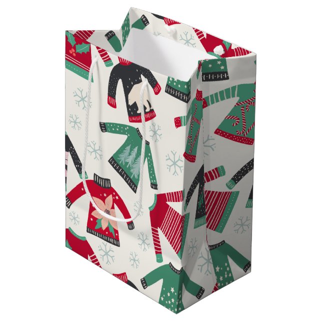 Ugly Christmas Sweater Holiday Pattern Green Red Medium Gift Bag (Front Angled)