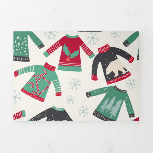 Ugly Christmas Sweater Holiday Pattern Green Red Tri-Fold Holiday Card