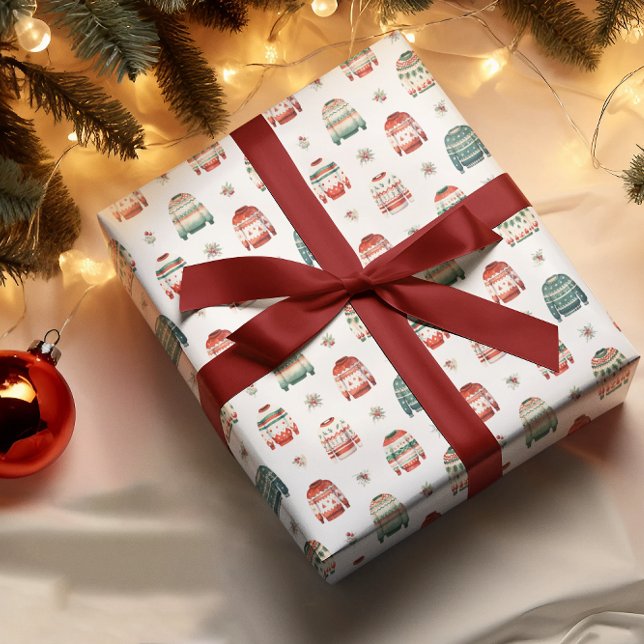 Ugly Christmas Sweater | Holly and Berries Pattern Wrapping Paper (Ugly Christmas Sweater Holly and Berries Pattern White  Wrapping Paper)