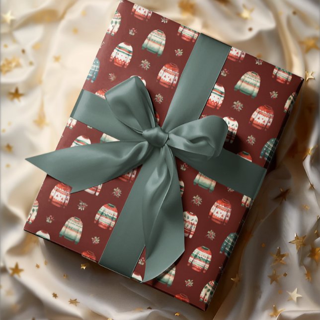 Ugly Christmas Sweater | Holly and Berries Pattern Wrapping Paper (Ugly Christmas Sweater Holly and Berries Pattern Dark Red Wrapping Paper)