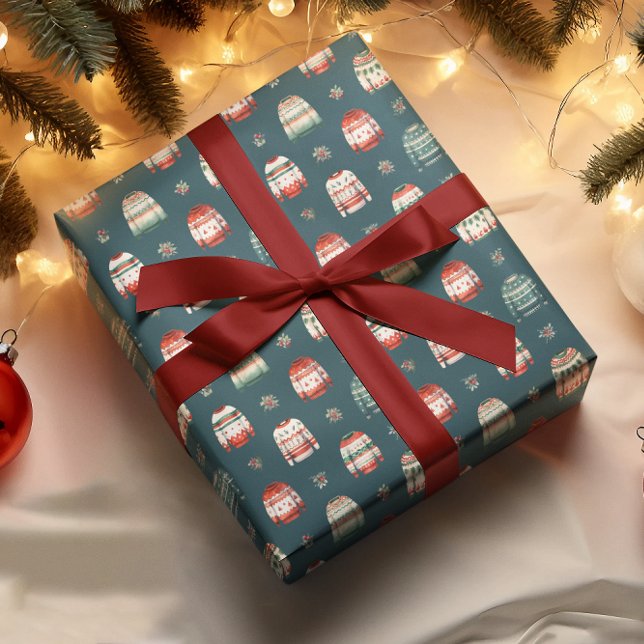 Ugly Christmas Sweater | Holly and Berries Pattern Wrapping Paper (Ugly Christmas Sweater Holly and Berries Pattern Dark Teal Green Wrapping Paper)