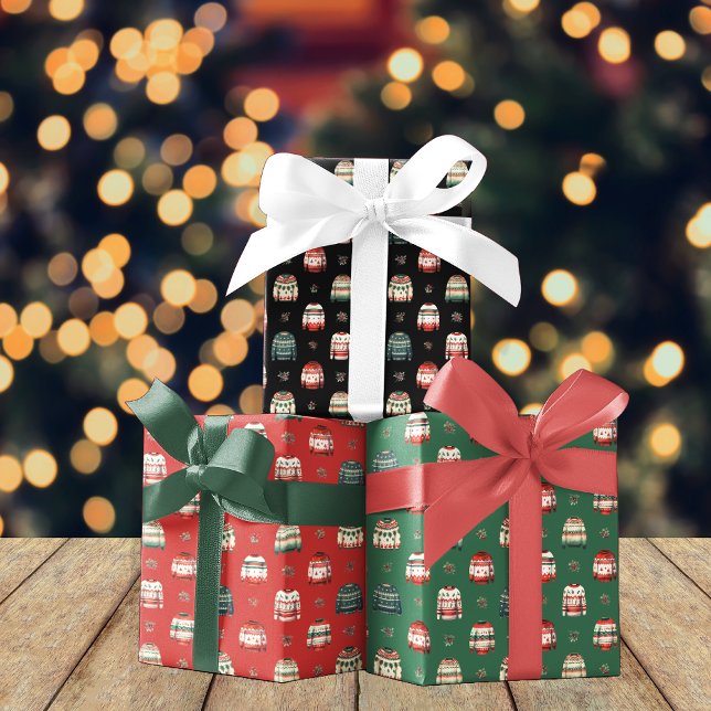 Ugly Christmas Sweater | Holly and Berries Pattern Wrapping Paper Sheet (Ugly Christmas Sweater Holly and Berries Pattern Wrapping Paper Sheets - Red, Green, Black)