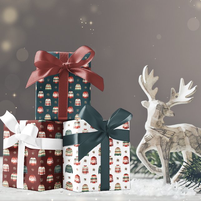 Ugly Christmas Sweater | Holly and Berries Pattern Wrapping Paper Sheet (Ugly Christmas Sweater Holly and Berries Pattern Wrapping Paper - Dk Teal Green, Dk Red and White)