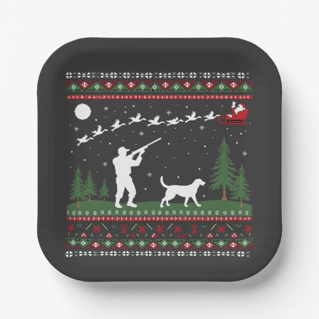 Ugly Christmas Sweater Hunting Season Santa  Paper Plate (Front)