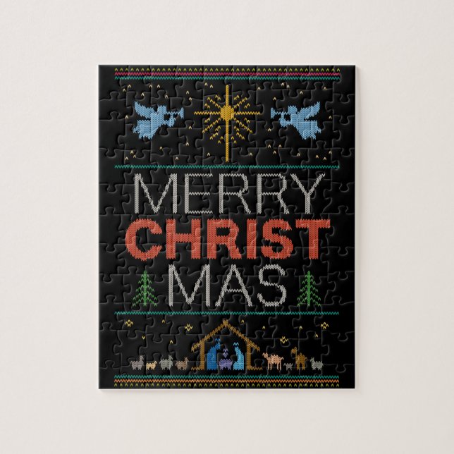 Ugly Christmas Sweater Merry Christ Mas Religious Jigsaw Puzzle (Vertical)