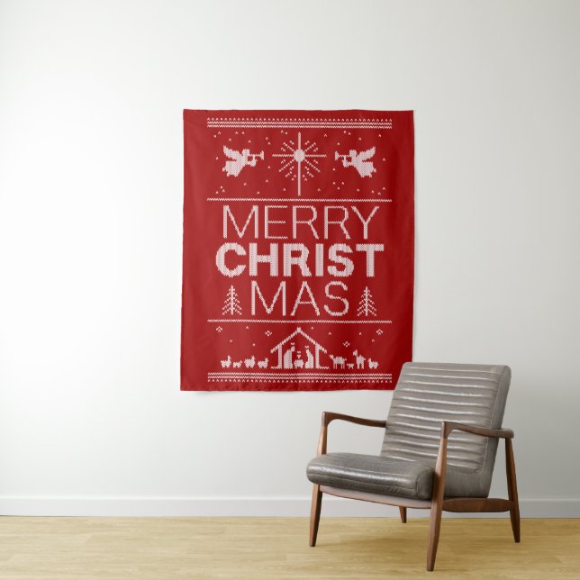 Ugly Christmas Sweater Merry Christ Red Christian Tapestry (In Situ)