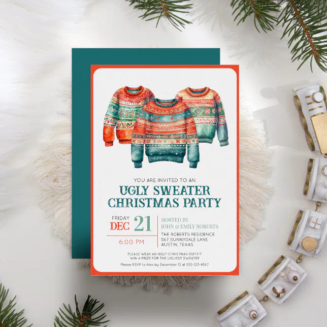 Ugly Christmas Sweater Modern Retro Holiday Party Invitation | Zazzle
