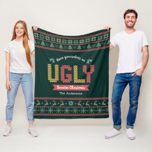 Ugly Christmas Sweater Nordic Hunter Green Knit Fleece Blanket