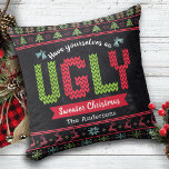 Ugly Christmas Sweater Nordic Knit Fun Chalkboard  Cushion<br><div class="desc">“Have yourself an ugly sweater Christmas.” Decorate your home in “style” with this unique, fun holiday throw pillow! Nordic knit fair isle pattern of whimsical trees, reindeer, ornaments, along with playful “sweater” typography in red, green and aqua blue, overlay a chalkboard background. Feel the warmth and joy of the holiday...</div>
