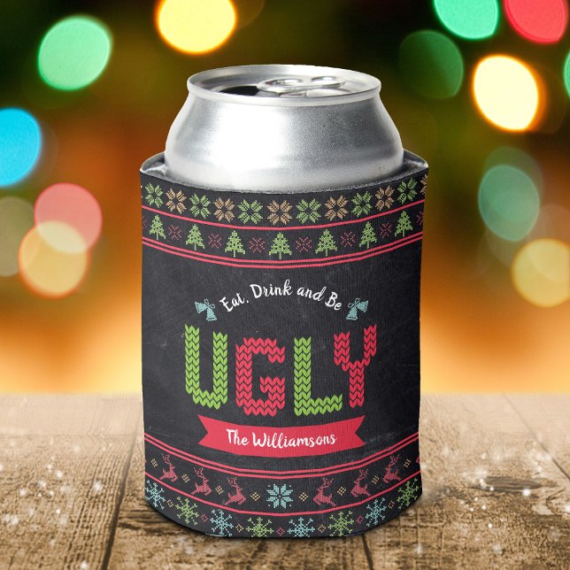 Ugly Christmas Sweater Nordic Knit Name Chalkboard Can Cooler (Creator Uploaded)
