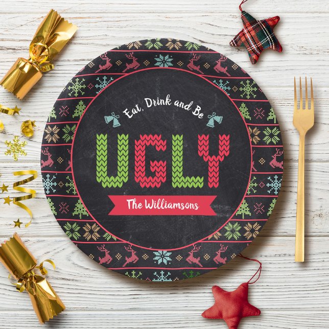 Ugly Christmas Sweater Nordic Knit Name Chalkboard Paper Plate (Creator Uploaded)